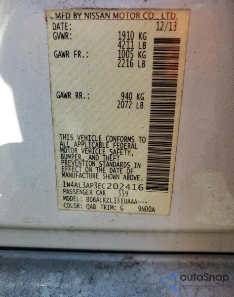 2014 Nissan Altima 2.5 z USA, uszkodzony, nr VIN 1N4AL3AP3EC202416